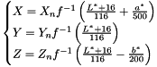\[ \begin{cases} X=X_nf^{-1}\left(\frac{L^*+16}{116}+\frac{a^*}{500} \right) \\ Y=Y_nf^{-1}\left(\frac{L^*+16}{116} \right) \\ Z=Z_nf^{-1}\left(\frac{L^*+16}{116}-\frac{b^*}{200} \right) \end{cases} \]