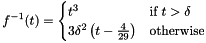 \[ f^{-1}(t)=\begin{cases} t^3 & \text{if}\ t>\delta \\ 3\delta^2\left(t-\frac{4}{29}\right) & \text{otherwise} \end{cases} \]
