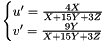 \[ \begin{cases} {u}'=\frac{4X}{X+15Y+3Z} \\ {v}'=\frac{9Y}{X+15Y+3Z} \end{cases} \]
