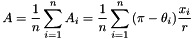 \[ A=\frac{1}{n}\sum_{i=1}^{n}{A_i}=\frac{1}{n}\sum_{i=1}^{n}{(\pi-\theta_i)\frac{x_i}{r}} \]
