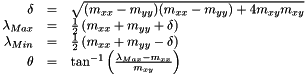 \[ \begin{array}{r c l} \delta & = & \sqrt{(m_{xx} - m_{yy}) (m_{xx} - m_{yy}) + 4 m_{xy} m_{xy}} \\ \lambda_{Max} & = & \frac{1}{2} \left( m_{xx} + m_{yy} + \delta \right) \\ \lambda_{Min} & = & \frac{1}{2} \left( m_{xx} + m_{yy} - \delta \right) \\ \theta & = & \tan^{-1} \left( \frac{\lambda_{Max} - m_{xx}}{m_{xy}} \right) \end{array} \]