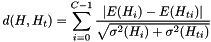 \[ d(H, H_t) = \sum_{i = 0}^{C-1}{\frac{\vert E(H_i) - E(H_{ti}) \vert}{\sqrt{\sigma^2(H_i) + \sigma^2(H_{ti})}}} \]